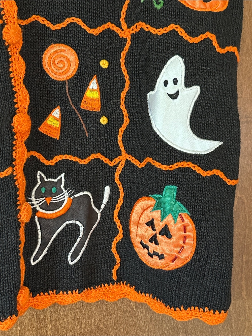 Women's Black Halloween Sweater Vest with Orange Trim - Picture 5 of 8